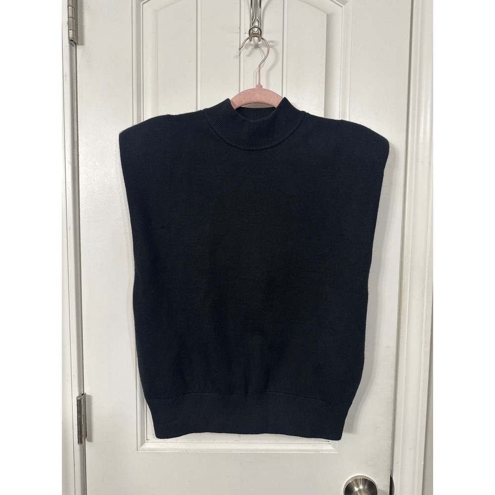 Grey Lab Black Mock Neck Shoulder Pad Knit Sweater Vest Small Sleeveless Top
